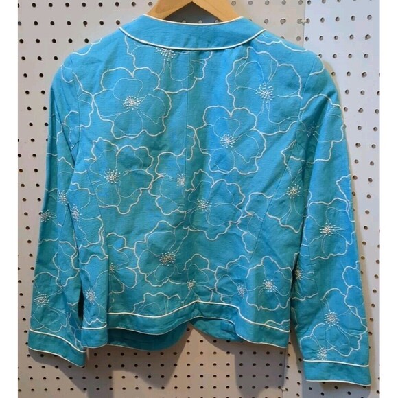 Rafael Petite Blazer Jacket Size 0 PP Turquoise Aqua Blue Floral Embroidered - Picture 2 of 5